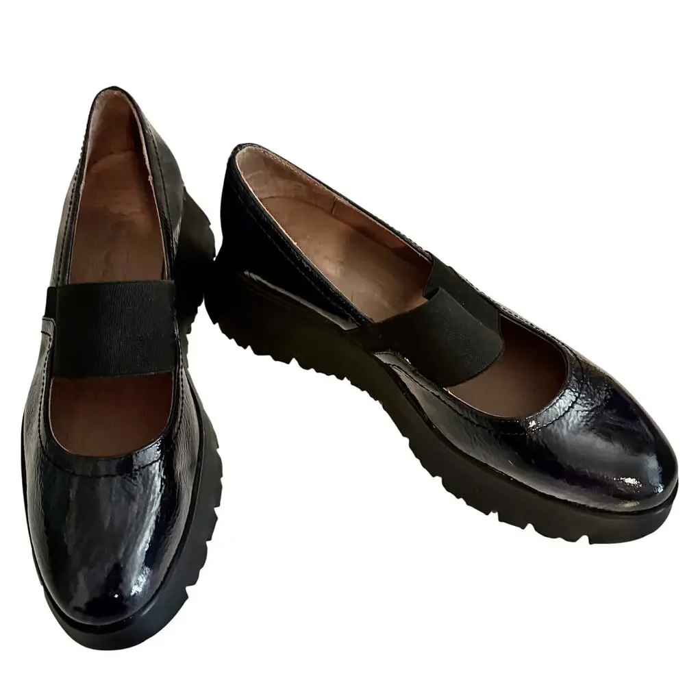 NWT Wonders Spain Marbled Patent Leather Mary Jane Platform Wedge Stretch Strap